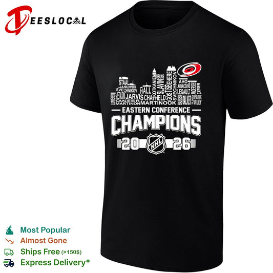 Carolina Hurricanes 2026 Eastern Conference Champions city skyline names shirt