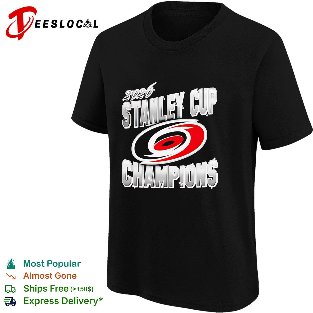 Carolina Hurricanes 2026 Stanley Cup Champions metallic chrome bold text shirt