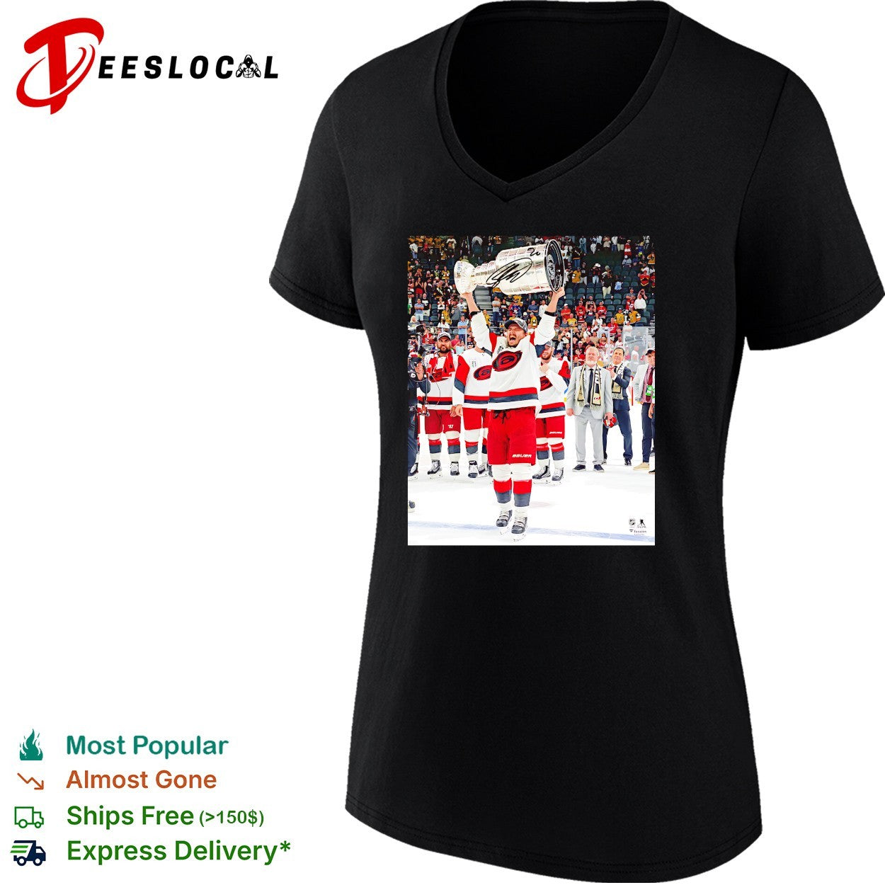 Carolina Hurricanes player hoisting Stanley Cup trophy supreme moment photo shirt