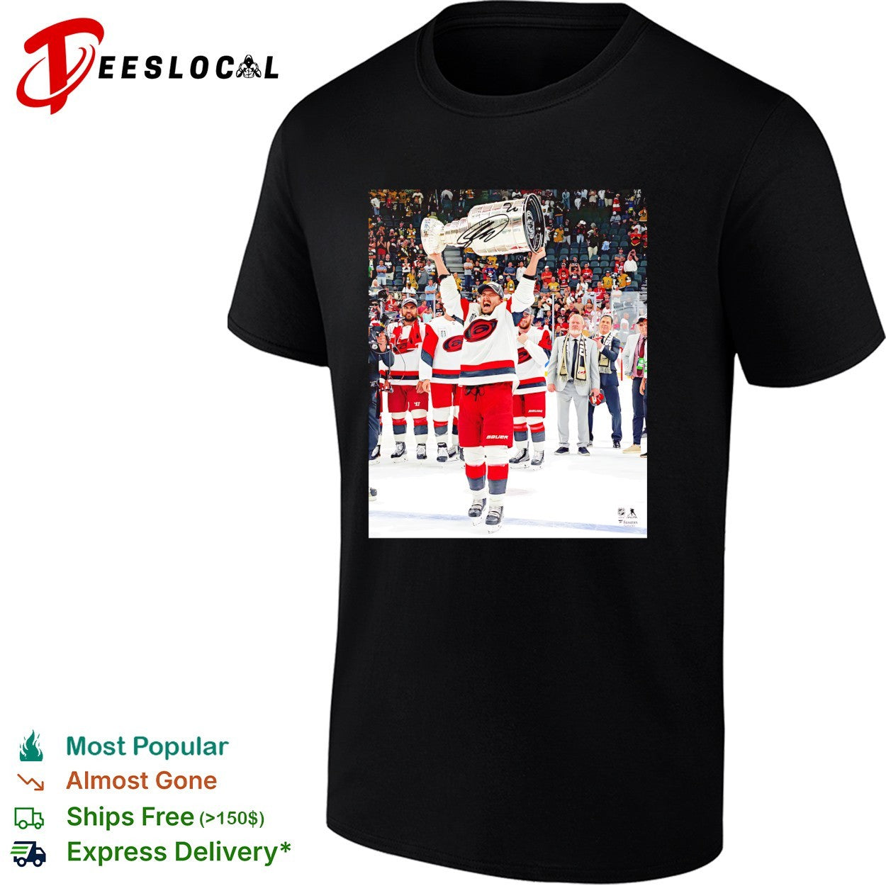 Carolina Hurricanes player hoisting Stanley Cup trophy supreme moment photo shirt