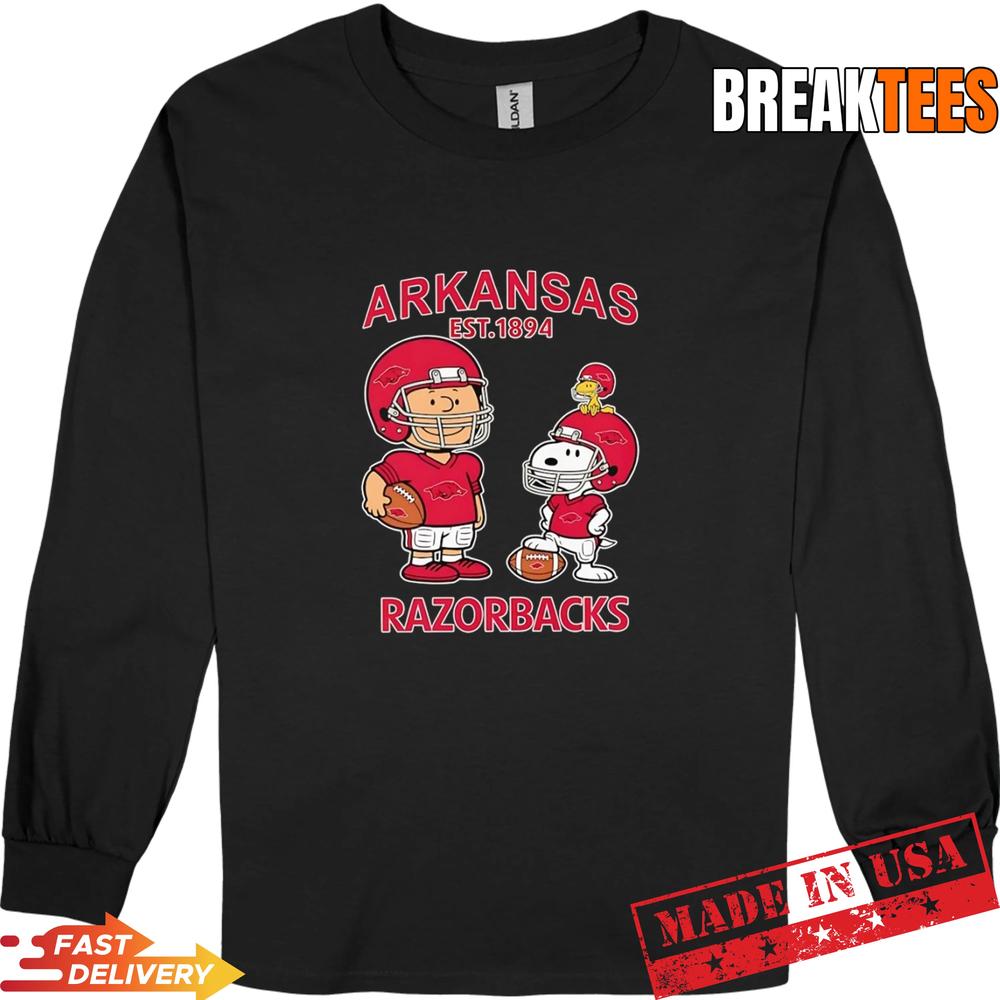 Charlie Brown Snoopy and Woodstock wearing Arkansas Razorbacks jersey NFL est 1894 T-Shirt