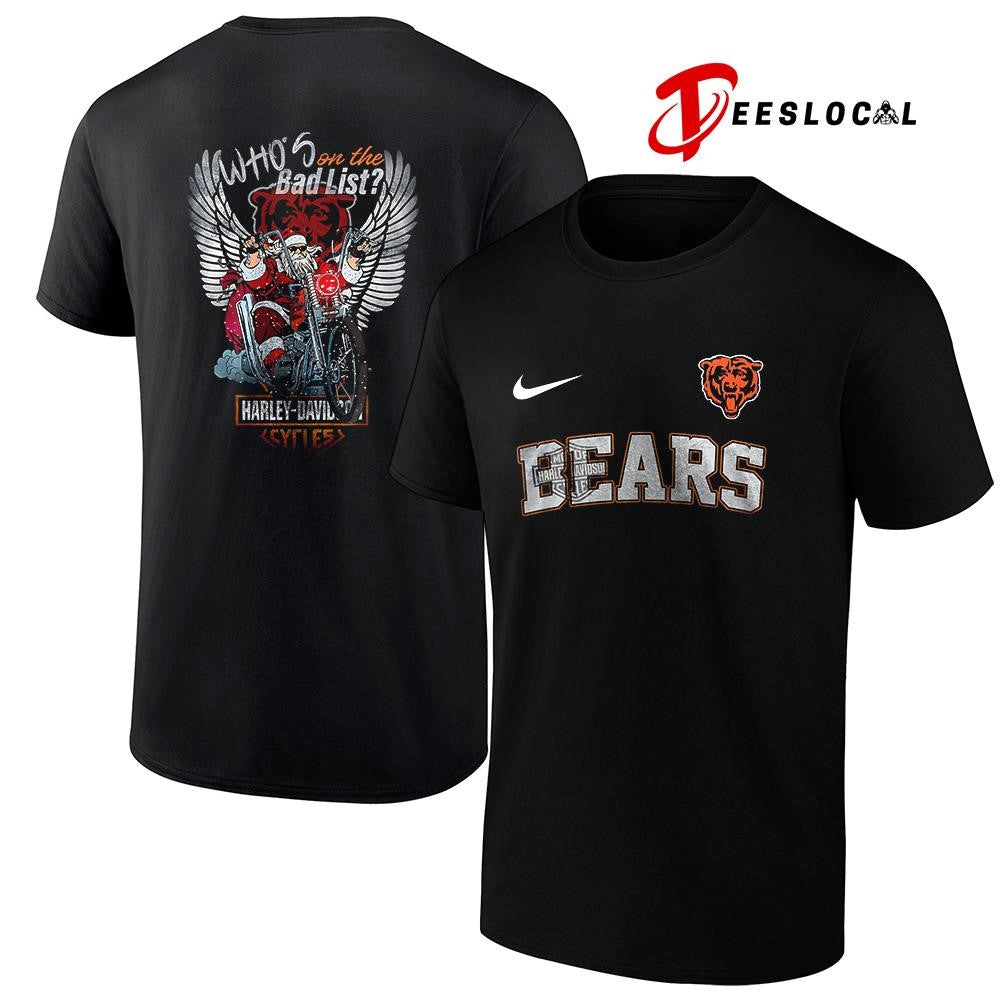 Chicago Bears x Harley Davidson Santa Claus who’s on the bad list graphic shirt