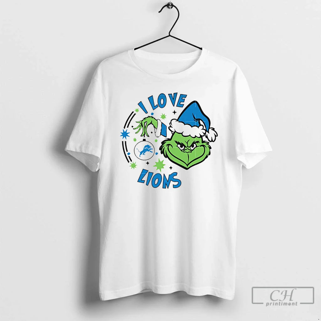 Classic Detroit Lions X Santa Grinch I Love Lions Christmas White T Shirts