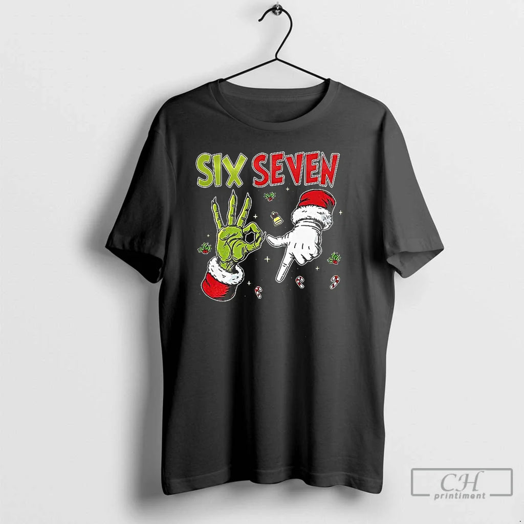 Classic Grinch And Santa Hands Six Seven Christmas T Shirts