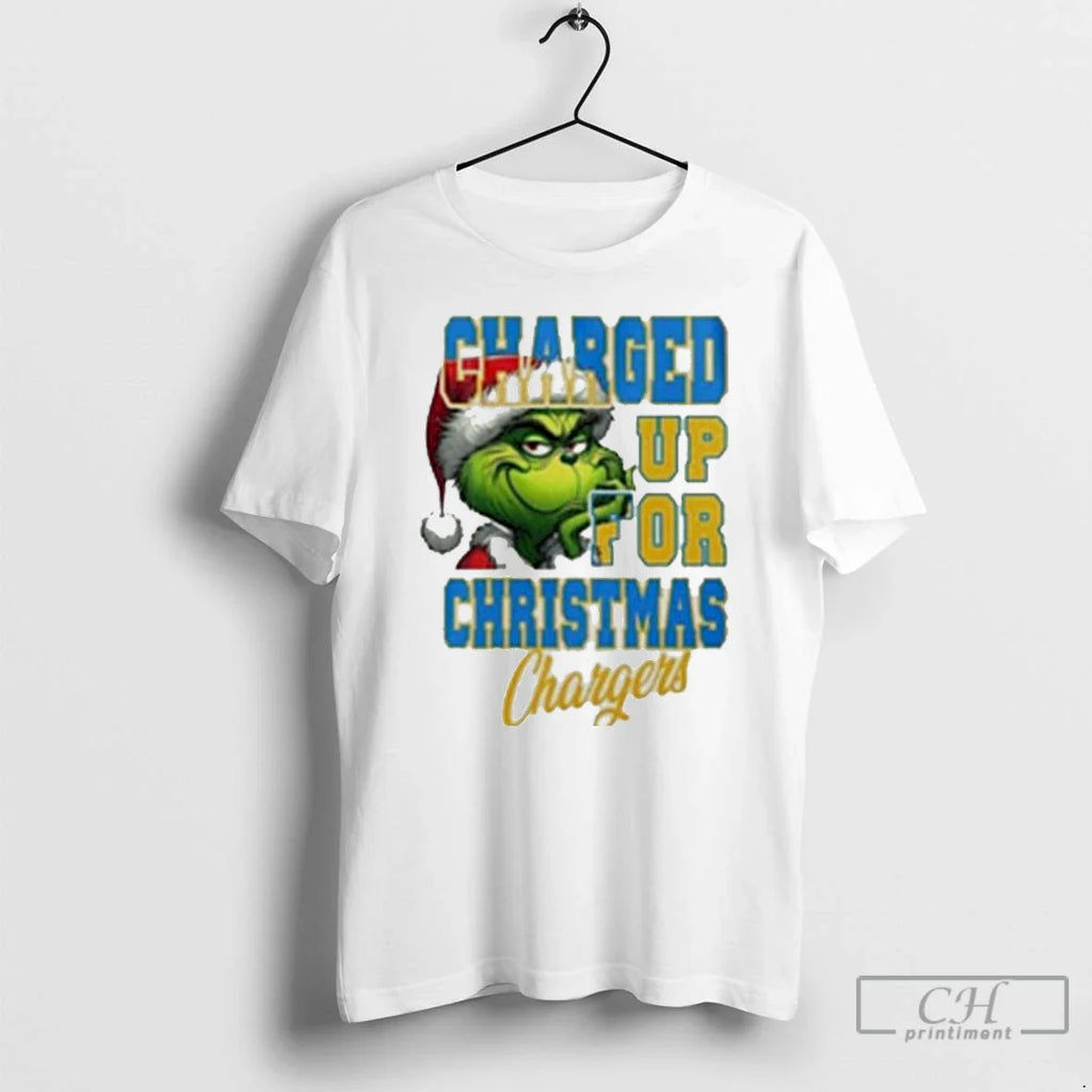 Classic Los Angeles Chargers Charged Up For Christmas Chargers Grinch White T Shirts
