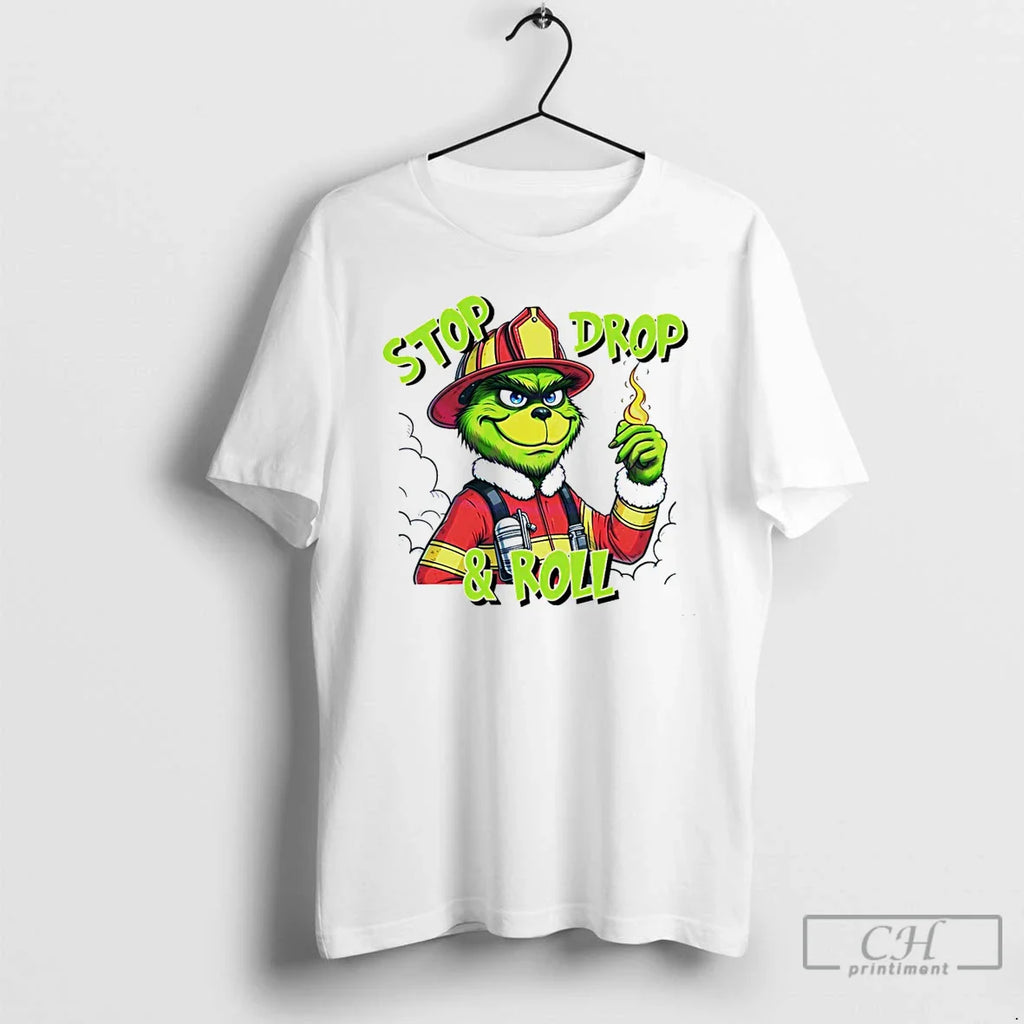 Classic Stop Drop And Roll Grinch Christmas Fireman White T Shirts