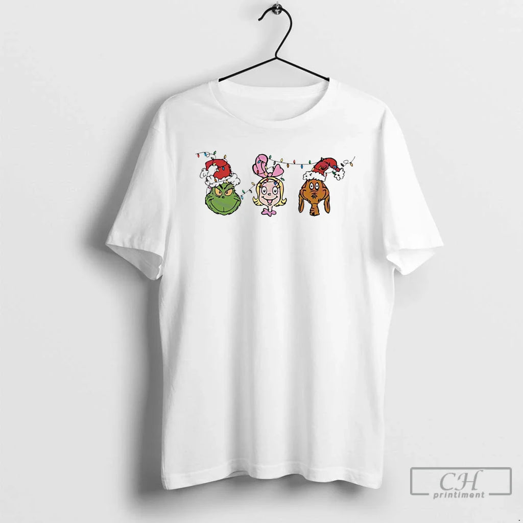 Classic The Grinch Characters Christmas Light Santa Hat White T Shirts