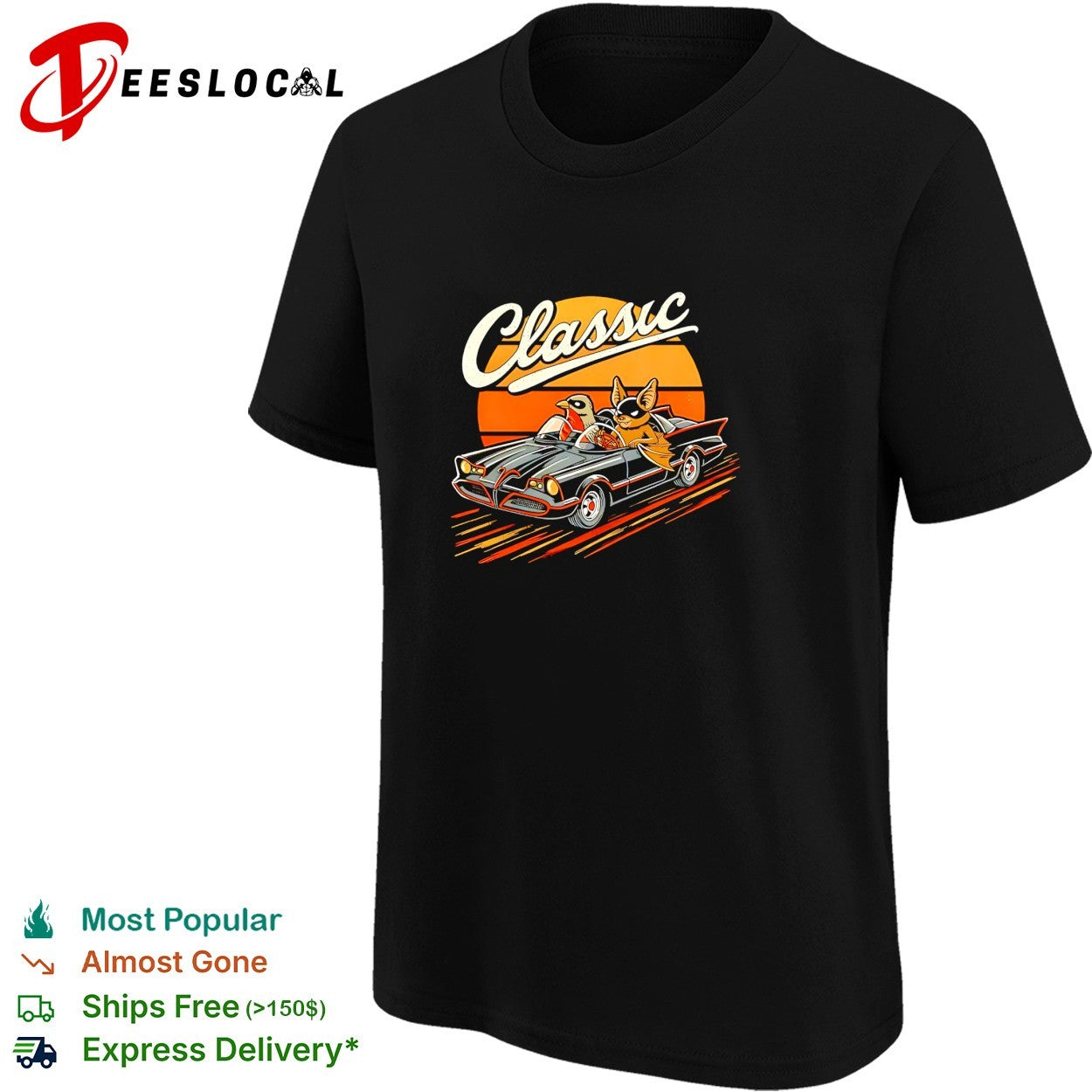 Classic cat and bird riding vintage convertible retro sunset art shirt