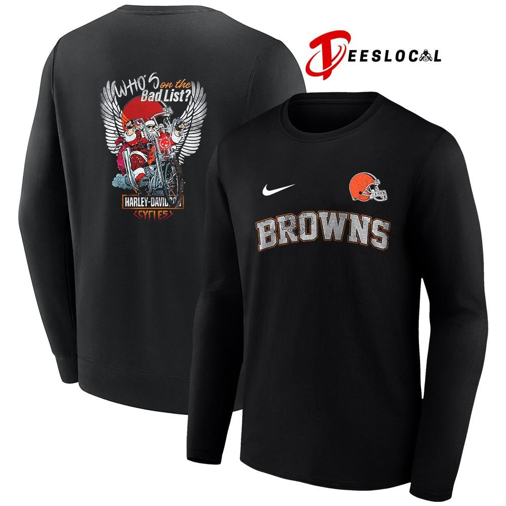 Cleveland Browns x Harley Davidson Santa Claus who’s on the bad list graphic shirt