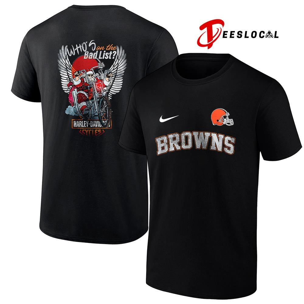 Cleveland Browns x Harley Davidson Santa Claus who’s on the bad list graphic shirt