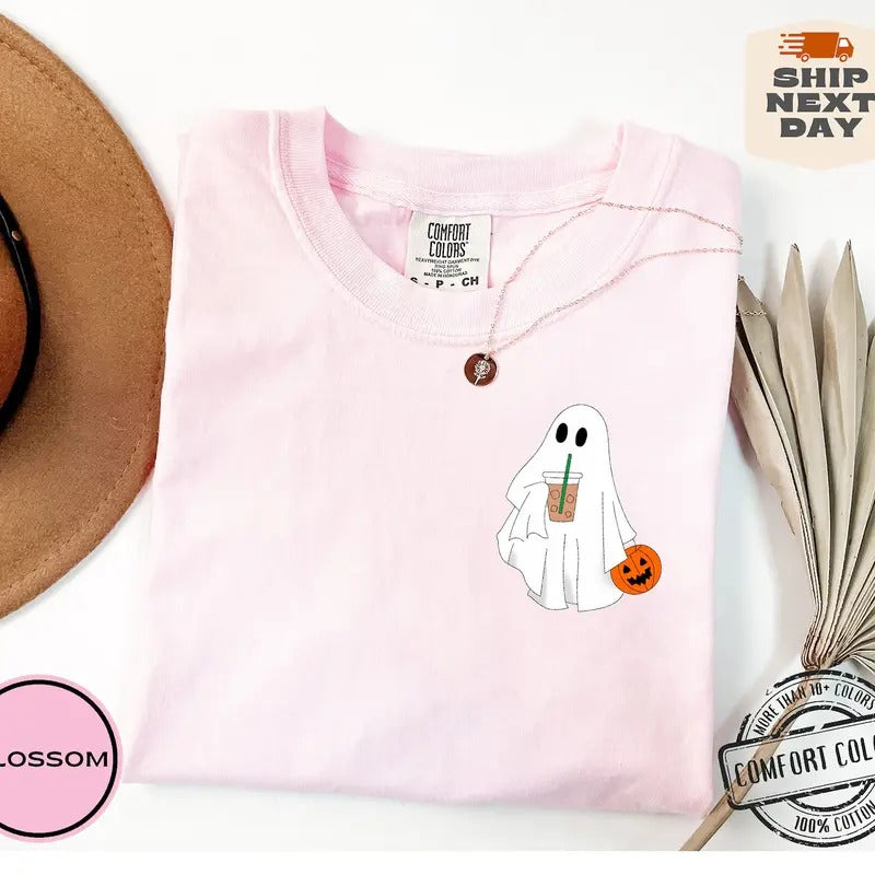 Comfort Colors СUte Ghost Coffee Shirt СUte Little Ghost Iced Coffee Boo Ghost Shirt Ghost Coffee Shirt Halloween Coffee Lovers T-Shirts
