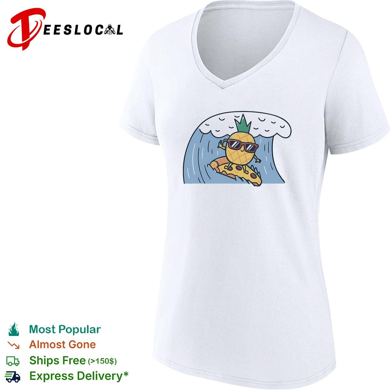 Cool pineapple wearing sunglasses surfing on pizza slice ocean wave cartoon shirt