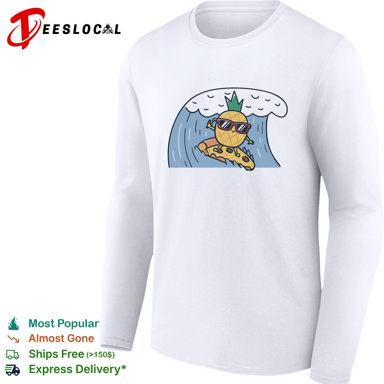 Cool pineapple wearing sunglasses surfing on pizza slice ocean wave cartoon shirt