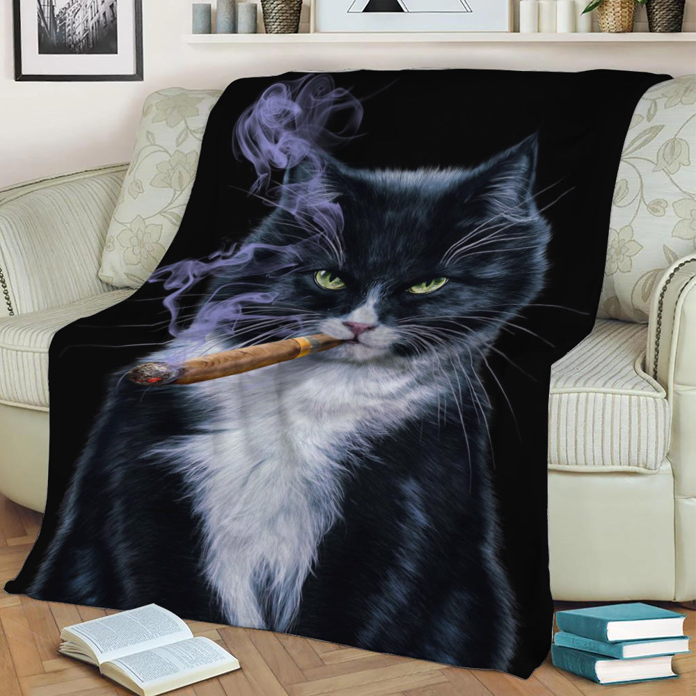 Cool Tuxedo Cat with Cigar Fleece Throw Blanket