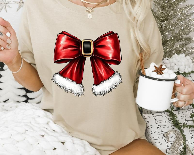 Coquette Santa Bow Shirt Cute Casual Fall Softstyle Printed Cotton T-Shirts