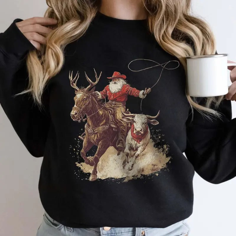 Cowboy Santa Western Roping Country Shirt Cowgirl Wrangling Santa Long Sleeve T-Shirts