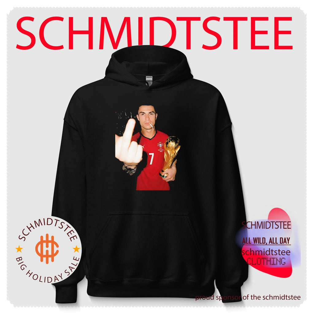 Cristiano Ronaldo holding trophy middle finger shirt
