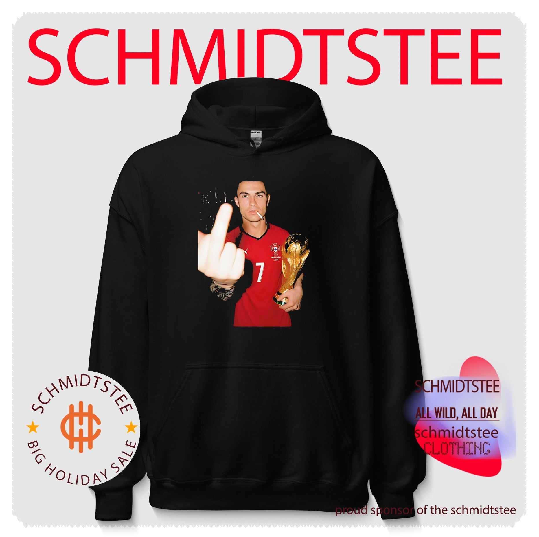 Cristiano Ronaldo holding trophy middle finger shirt