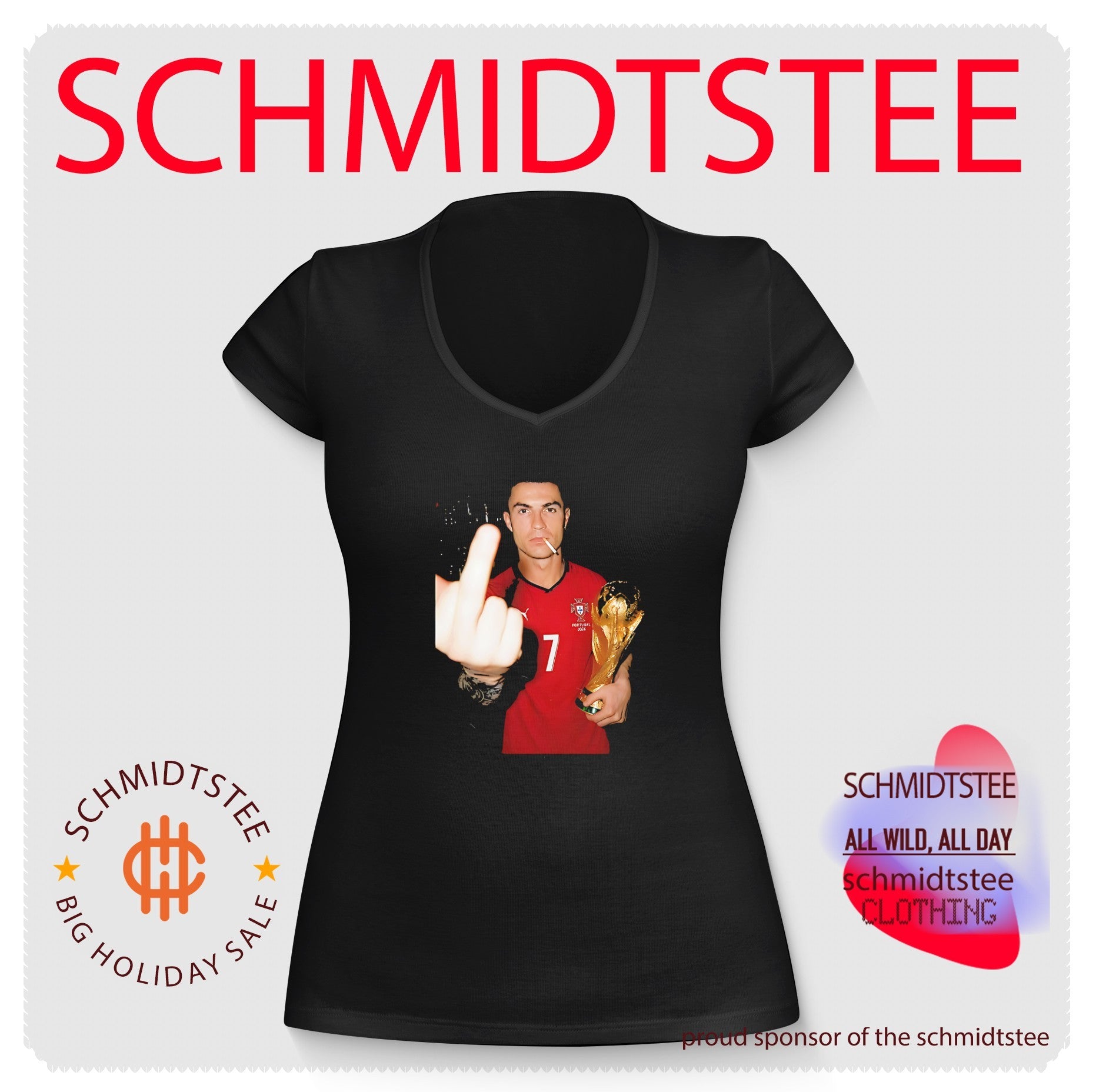 Cristiano Ronaldo holding trophy middle finger shirt