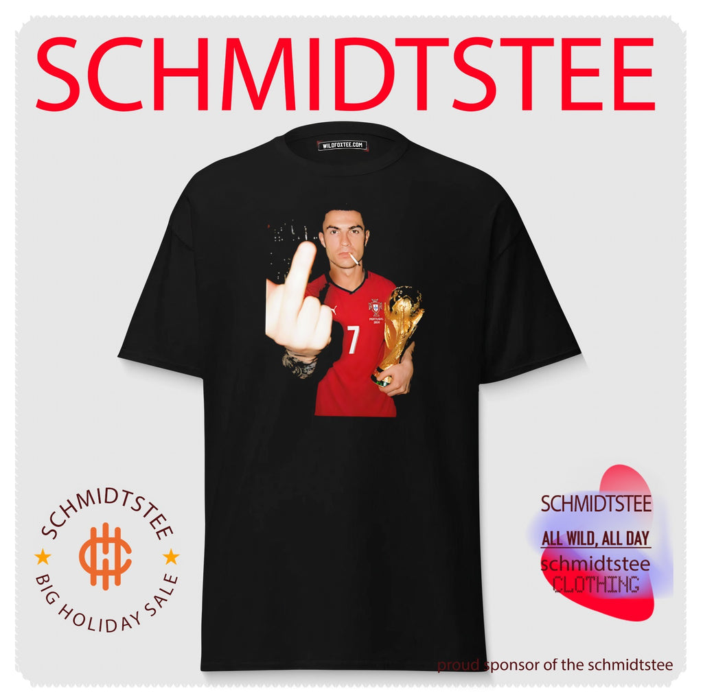 Cristiano Ronaldo holding trophy middle finger shirt