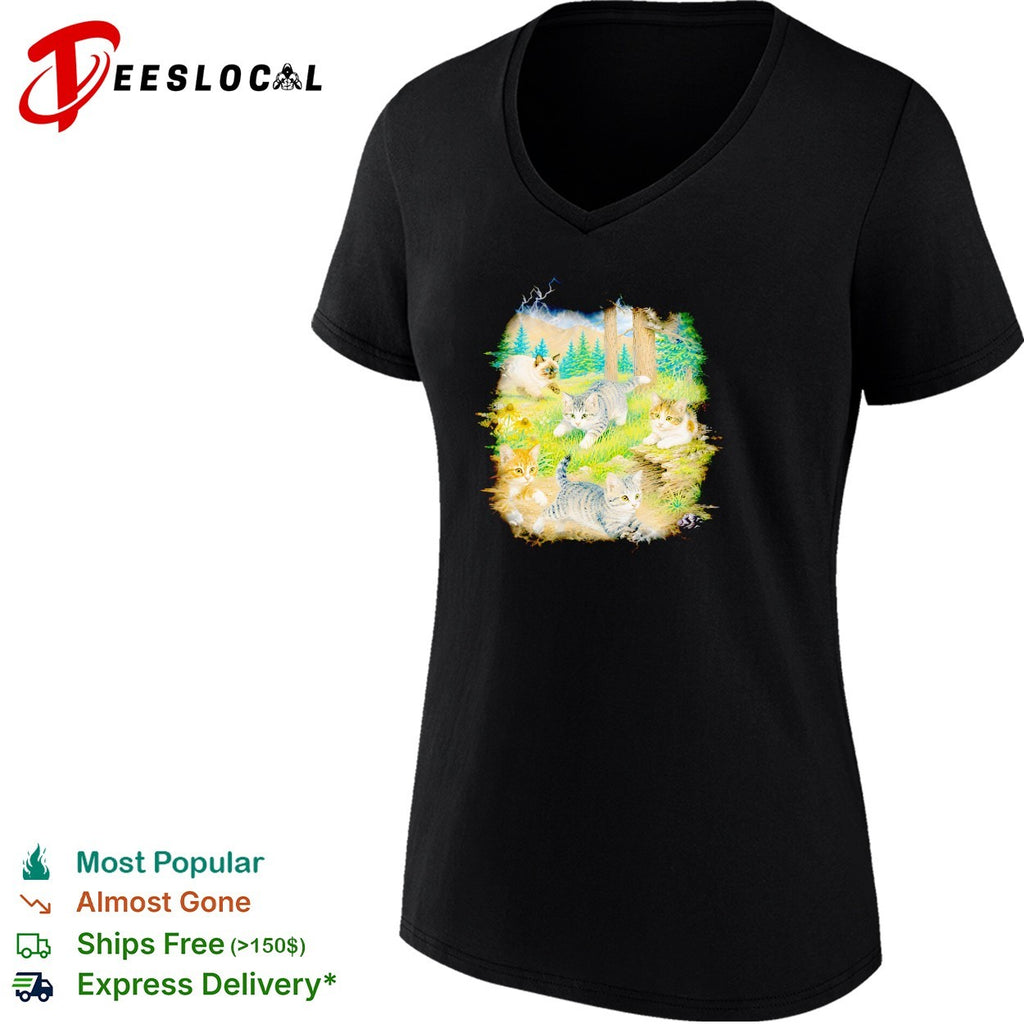 Cute kittens playing in forest meadow nature vintage photo shirt