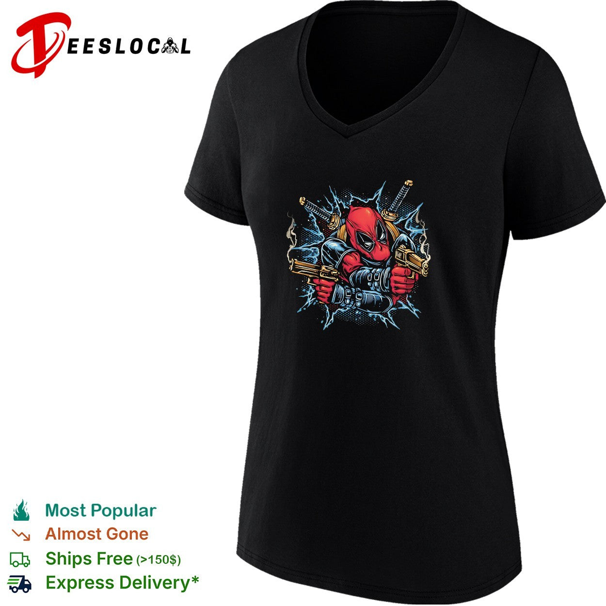 Deadpool dual pistols katanas lightning action burst comic art shirt
