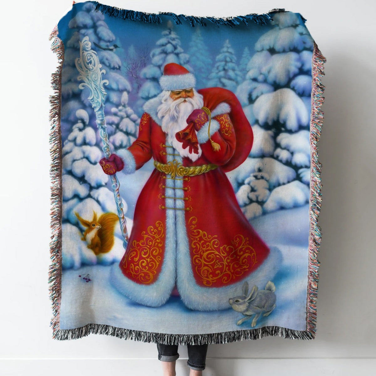 Ded Moroz Woven Tapestry Throw Blanket with Fringe