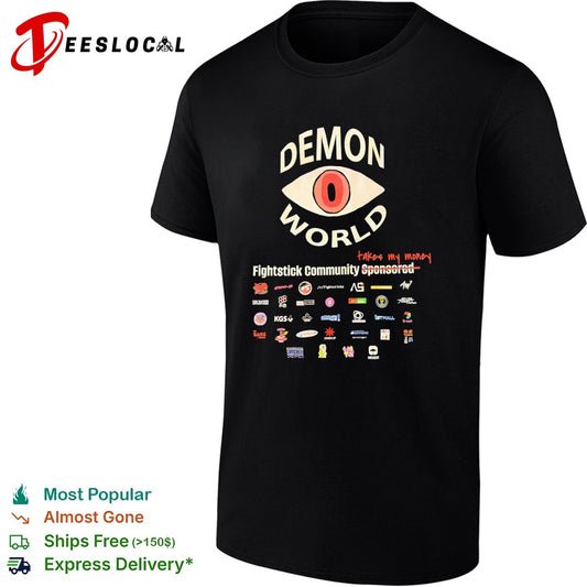 Demon World Fightstick Community takes my money sponsored logos shirt