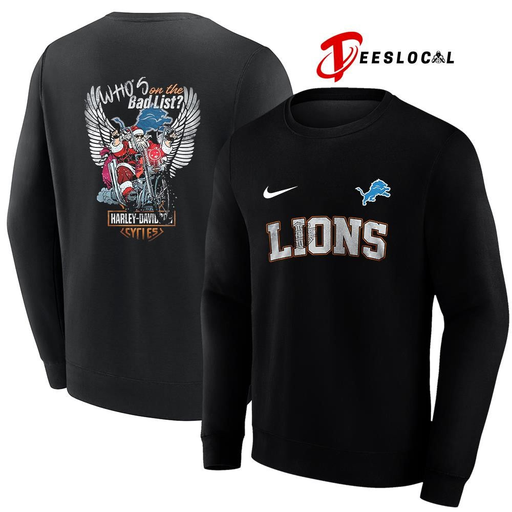 Detroit Lions x Harley Davidson Santa Claus who’s on the bad list graphic shirt