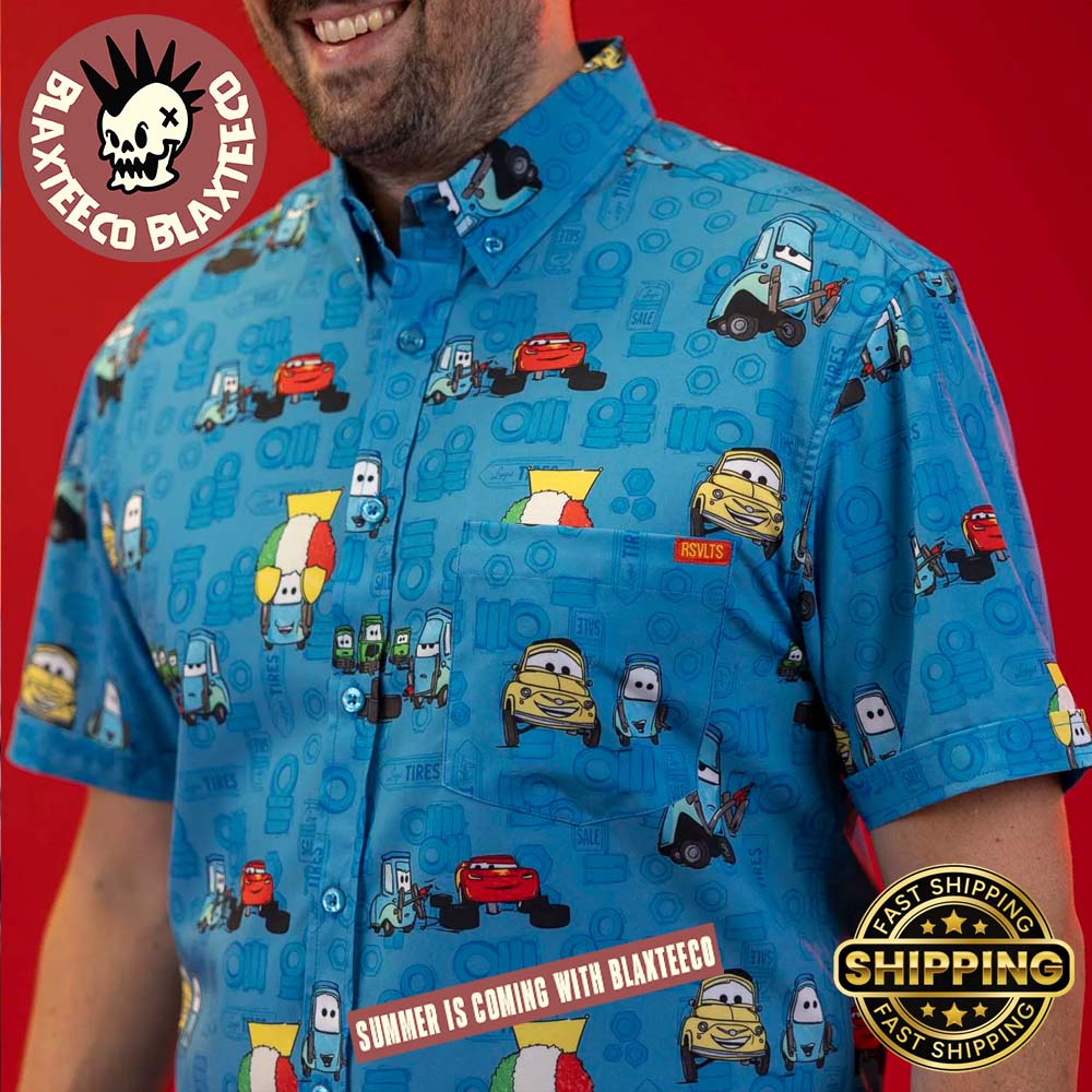 Disney and Pixar Cars RSVLTS Pit Stop Blue Button Short Sleeve Hawaiian Shirt