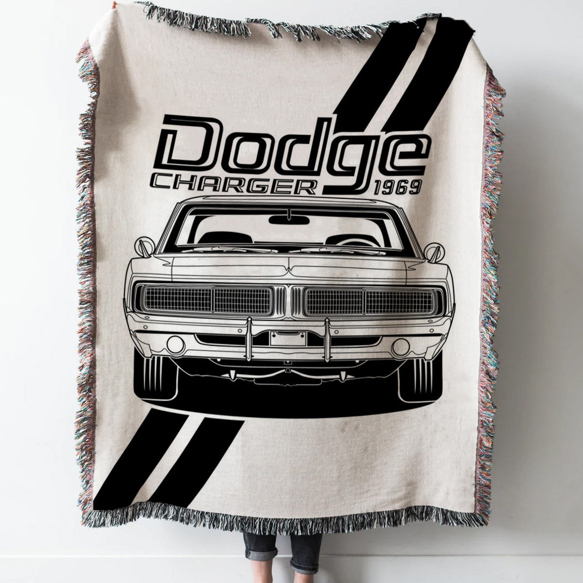 Dodge Charger 1969 Lineart Woven Tapestry Throw Blanket with Fringe