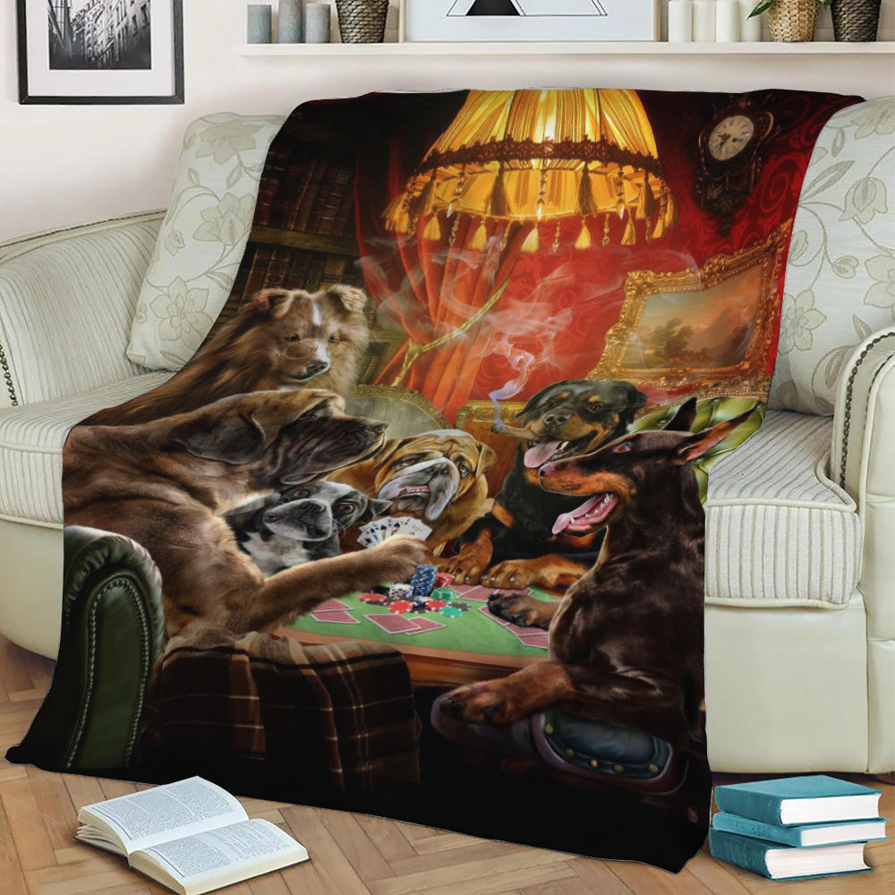 Dog Playing Poker Game Fleece Throw Blanket