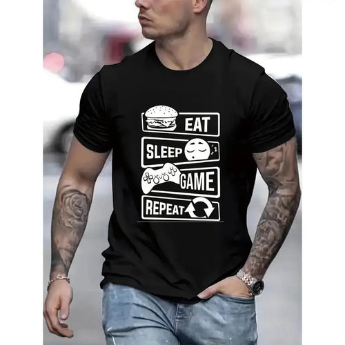 " Eat Sleep Game Repeat " Print Summer & Spring Casual Short Sleeve Sporty New Arrival Novelty Top Leisure Made USA T-Shirts