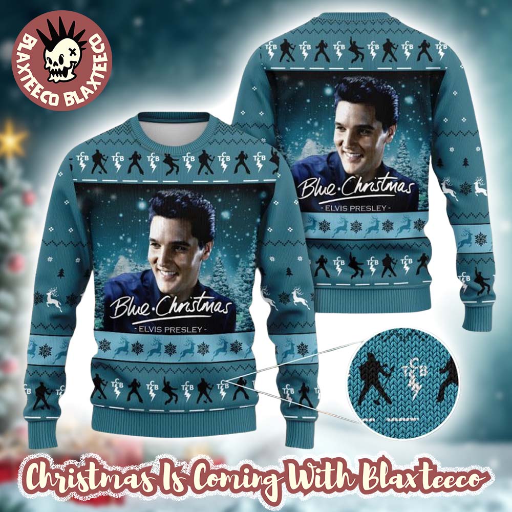 Elvis Presley Blue Christmas Holiday Snowy Night Knitted Blue Ugly Christmas Sweater