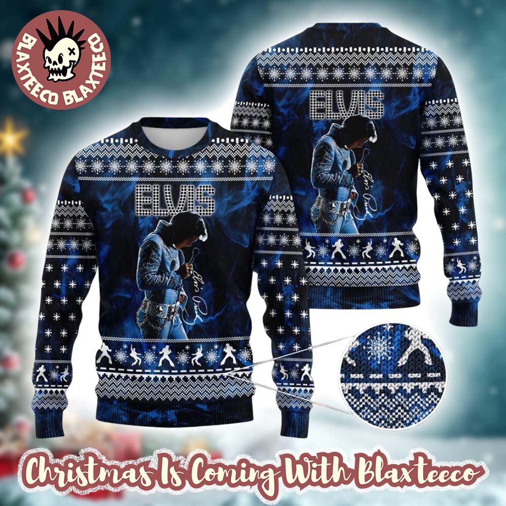 Elvis Presley Graphics Signature Blue Ugly Christmas Sweater