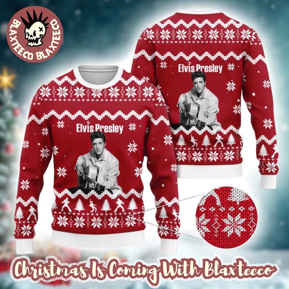 Elvis Presley With His Guitar Photo Knitted Red And White Ugly Christmas Sweater