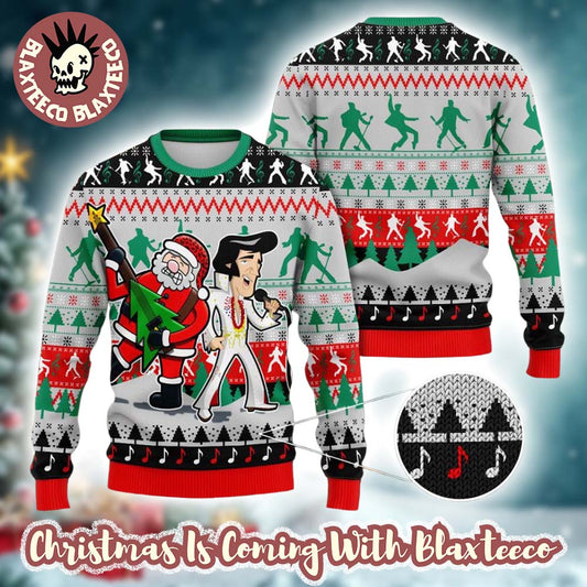 Elvis Presley With Santa Claus Singing Funny Ugly Christmas Sweater