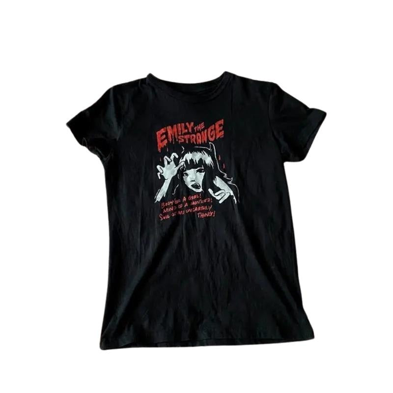 Emily Strange Cat Baby Emo Scene 2000s Clothes Emo Girl Cat Baby Fitted Y2k Top Streetwear Grunge 2000s Casual Cotton Short Sleeve Her T-Shirts