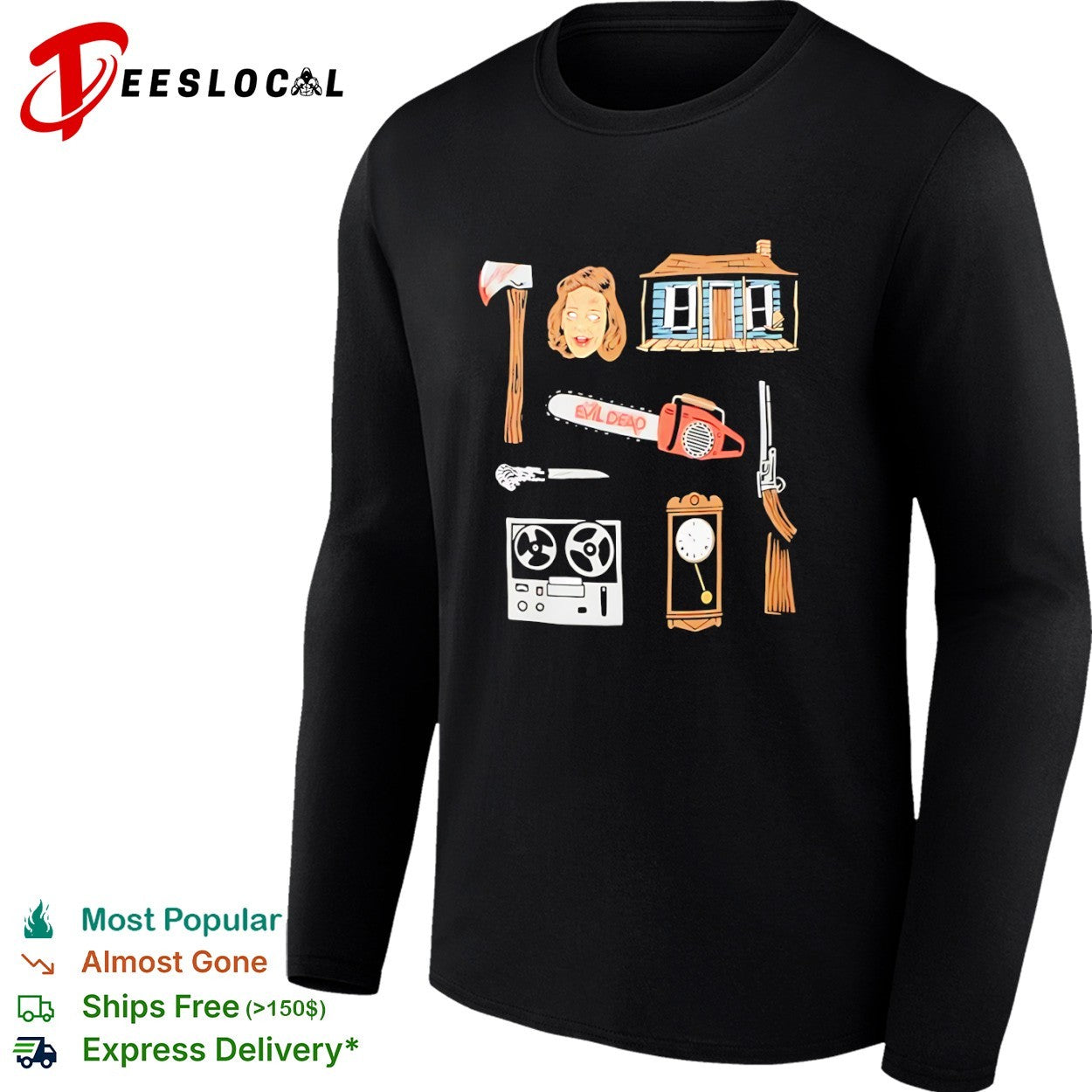 Evil Dead Horror Movie Icons Cabin Chainsaw Axe Tape Recorder Boomstick Shirt