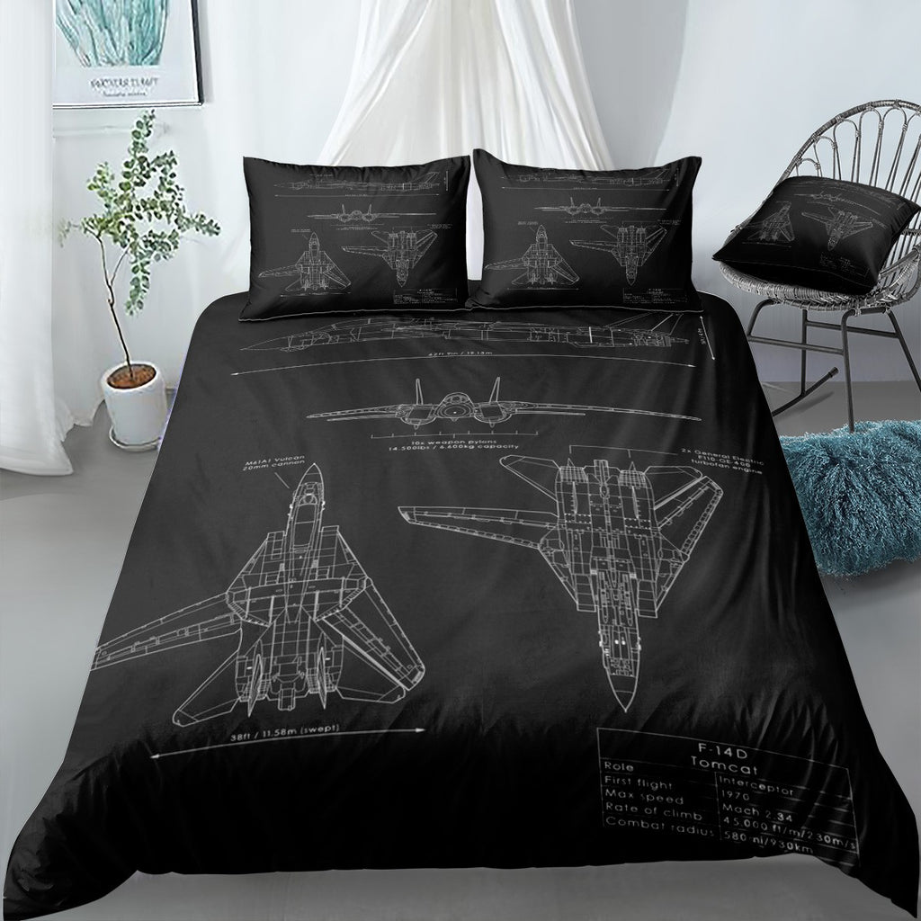 F14D Tomcat Blueprint Bedding Set (Duvet Cover & Pillow Shams)
