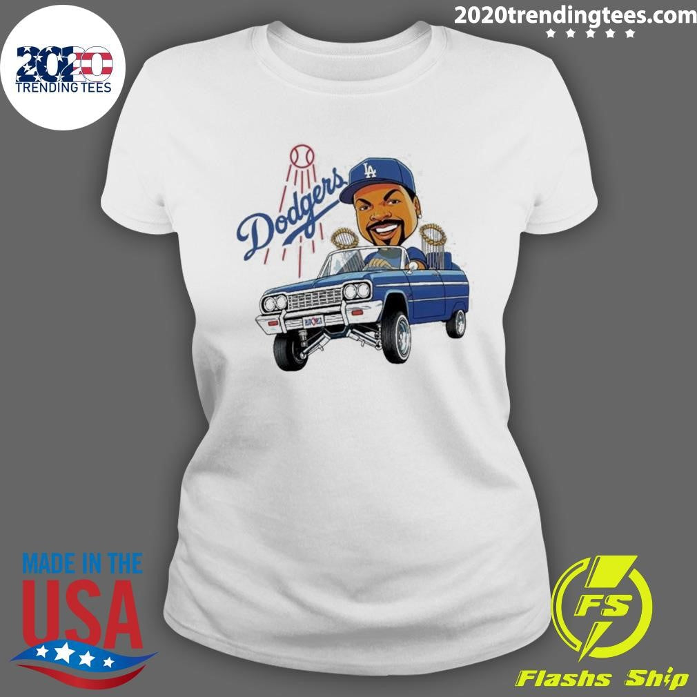Fan Wearing La Dodgers Ice Cube Bobblehead Cartoon Driving Car Shirt