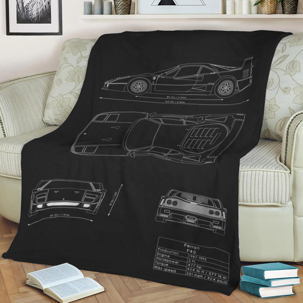 Ferrari F40 Blueprint Fleece Throw Blanket