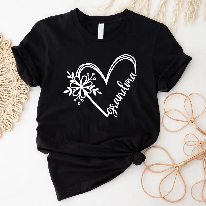 Flower Heart Grandma Shirt Grandmother Grammy Valentine New Grandma Short Sleeve Nana T-Shirts