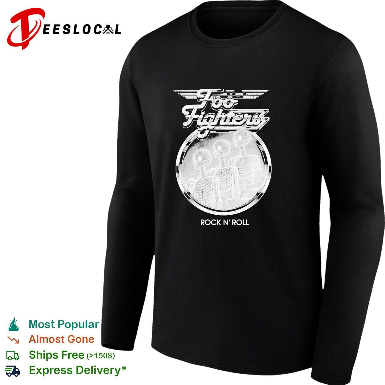 Foo Fighters Rock N Roll skeleton design music band concert tour performance shirt