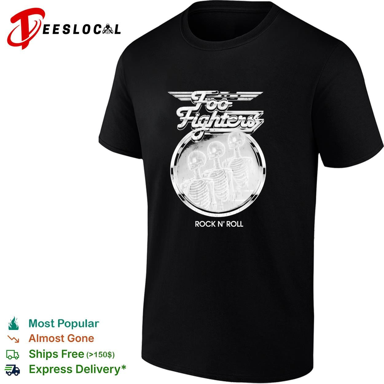 Foo Fighters Rock N Roll skeleton design music band concert tour performance shirt