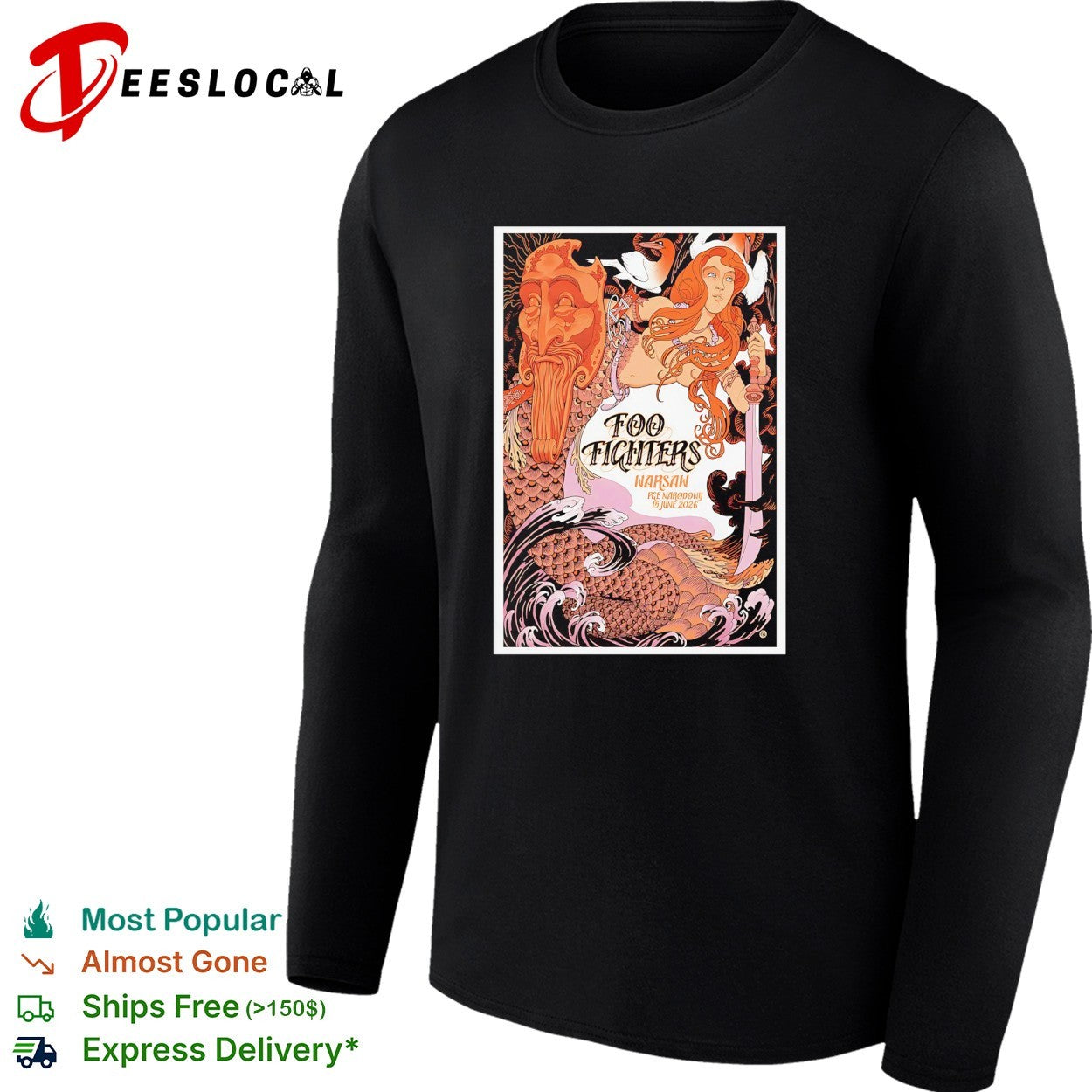 Foo Fighters mermaid and face art nouveau tour poster shirt