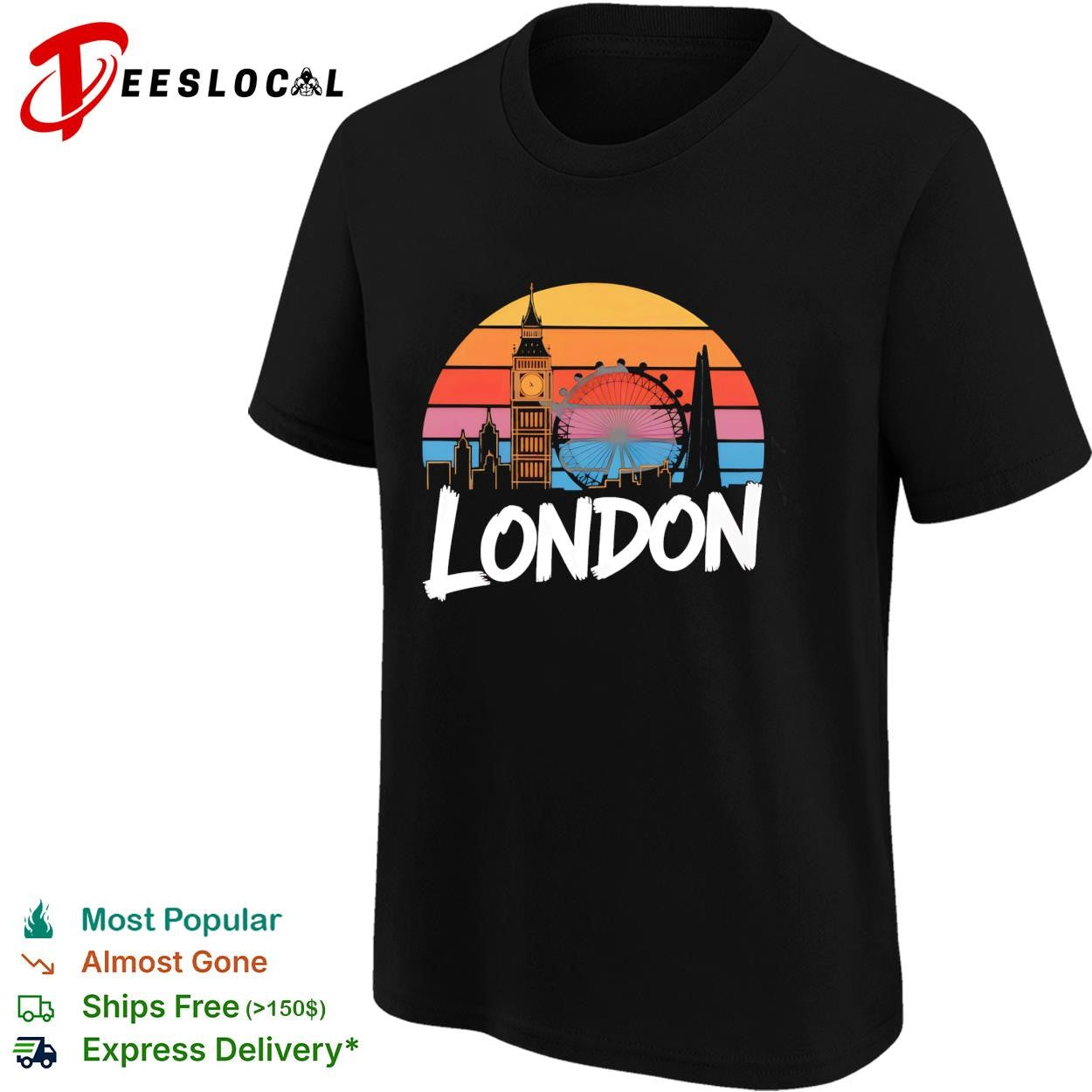 London skyline Big Ben and London Eye sunset retro color stripes graphic shirt
