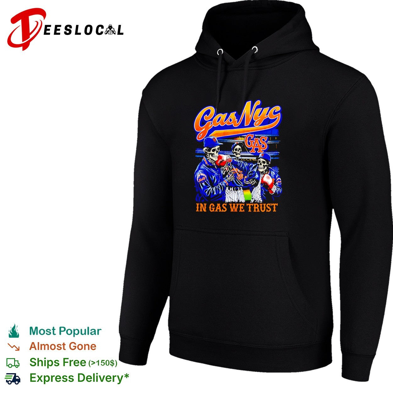 Gas NYC in gas we trust skeleton baseball Mets fan dark shirt