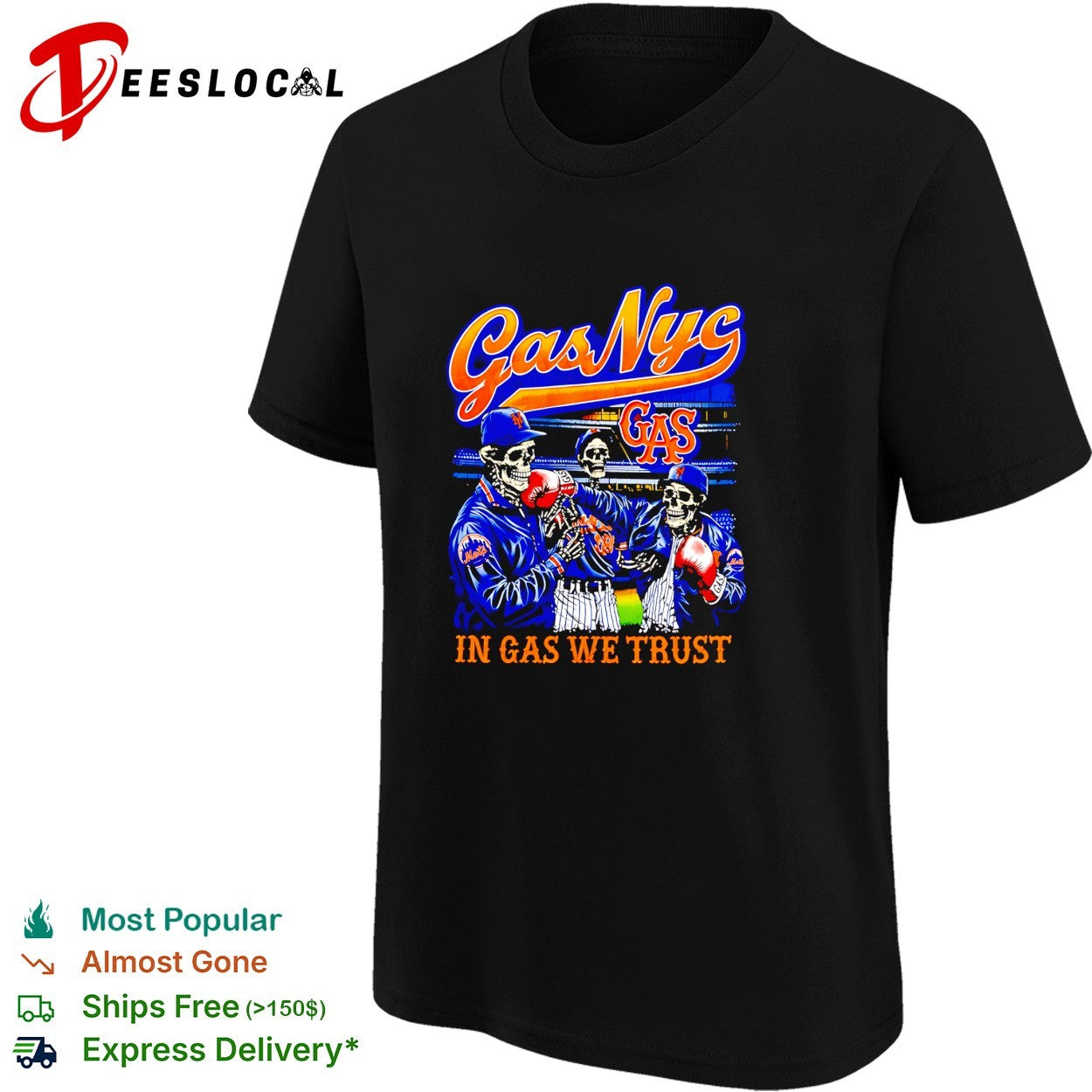 Gas NYC in gas we trust skeleton baseball Mets fan dark shirt