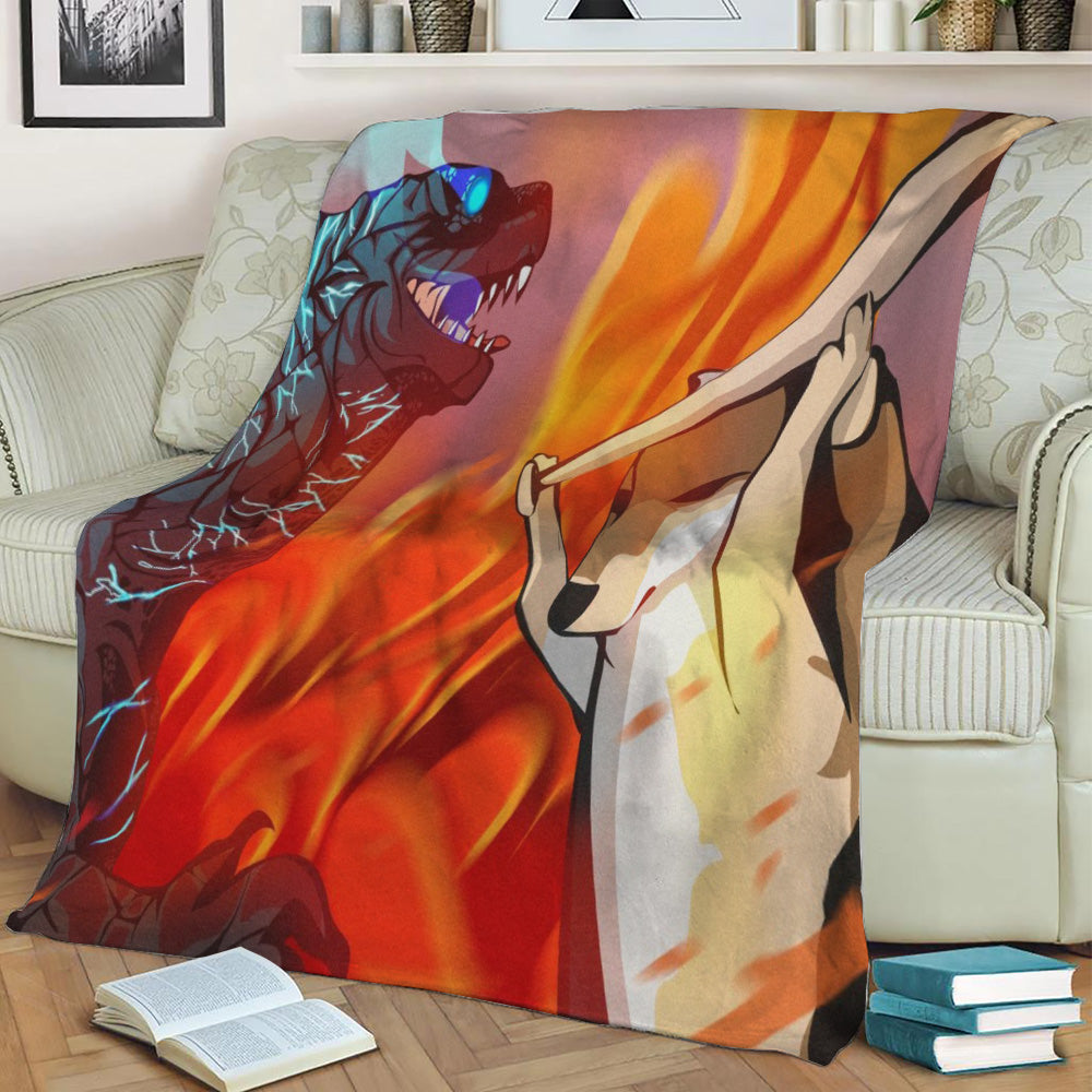 Godzila vs Doge Fleece Throw Blanket